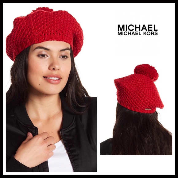 Michael Kors Luxe Red Pom Pom Beret Hat 